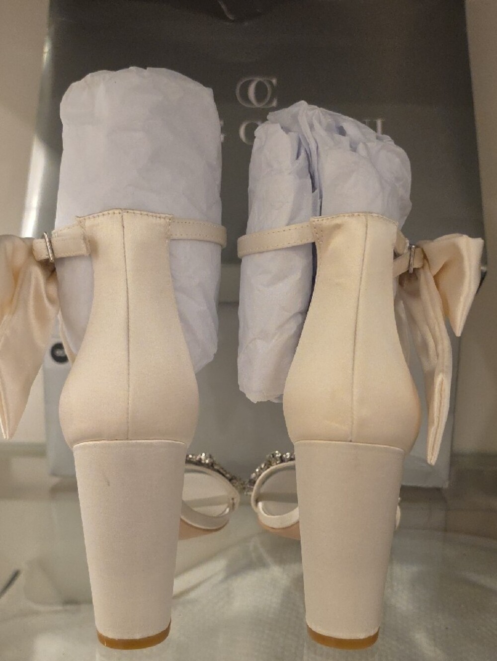 Oleg Cassini Champagne crystal Satin Bow Block Heel Sandals sizes 7,8,9 - Picture 6 of 12